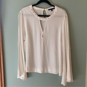 Indigo Moon White Flowy Blouse, Wide Long Sleeves.